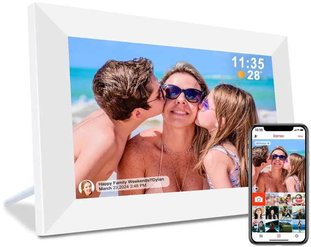 Main image of Frameo 10.1" Digital Picture Frame White, Smart WiFi Digital Photo Frame with IPS Touch Screen, 1280x800 HD Display, 32GB Auto-Rotate Wall Mountable, SD/USB Slot, Instant Sharing via Frameo App