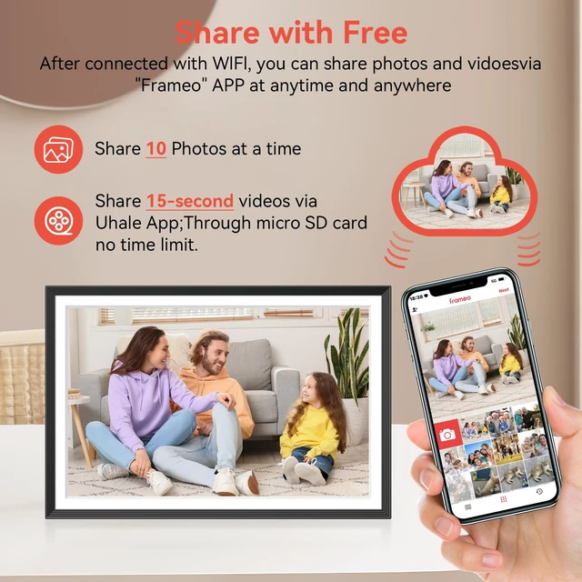 Alt view image 2 of 7 - Frameo 10.1 inch Digital Picture Frame, Smart WiFi Digital Photo Frame with 32G Memory, HD Touch Screen, Auto-Rotate, Slideshow, Easy Setup, Share Photos and Videos Anywhere(Black)