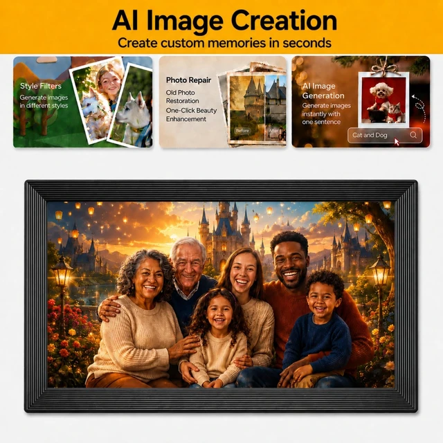 Alt view image 3 of 7 - 15.6 Inch Large WiFi Digital Picture Frame, 1920x1080 FHD Touch Screen Electronic Photo Frame with AI Photo Art, 32GB Storage, 6 Ways Sharing Photos & Videos, for Mom Family