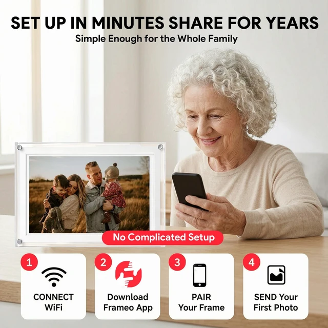 Alt view image 5 of 7 - Frameo 10.1 Inch WiFi Digital Picture Frame with IPS Touch Screen | 32GB HD IPS Display, Share Moments Instantly via Frameo App from Anywhere, Gifts for Parents and Grandparents