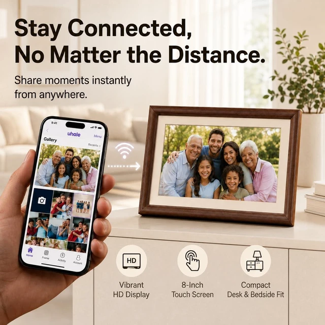 Alt view image 2 of 7 - 8" Digital Picture Frame, 100% Real Wood Small Electronic Photo Frame Ideas, 16GB Storage, 1280x800 HD IPS Touchscreen, Auto Rotate, Share Photos & Videos from Anywhere