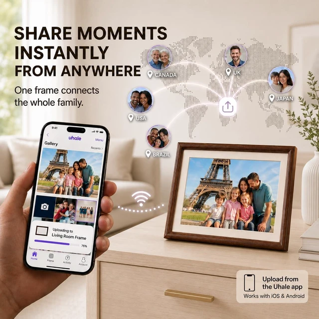 Alt view image 3 of 7 - 8" Digital Picture Frame, 100% Real Wood Small Electronic Photo Frame Ideas, 16GB Storage, 1280x800 HD IPS Touchscreen, Auto Rotate, Share Photos & Videos from Anywhere