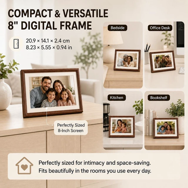 Alt view image 6 of 7 - 8" Digital Picture Frame, 100% Real Wood Small Electronic Photo Frame Ideas, 16GB Storage, 1280x800 HD IPS Touchscreen, Auto Rotate, Share Photos & Videos from Anywhere