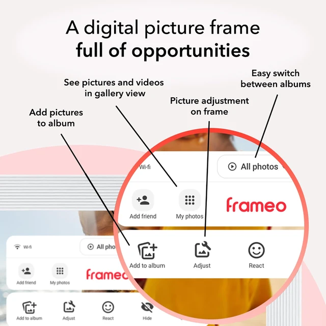 Alt view image 7 of 7 - Frameo White 10.1 Inch Smart WiFi Digital Photo Frame,Digital Picture Frame Wi-Fi with 32GB Storage & SD Slot, Electronic Picture Frame IPS Touch Screen with Auto-Rotate, Gifts for Mom, House Warming