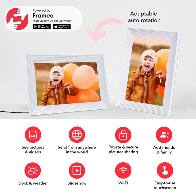 Alt view image 2 of 7 - Frameo White 10.1 Inch Smart WiFi Digital Photo Frame,Digital Picture Frame Wi-Fi with 32GB Storage & SD Slot, Electronic Picture Frame IPS Touch Screen with Auto-Rotate, Gifts for Mom, House Warming