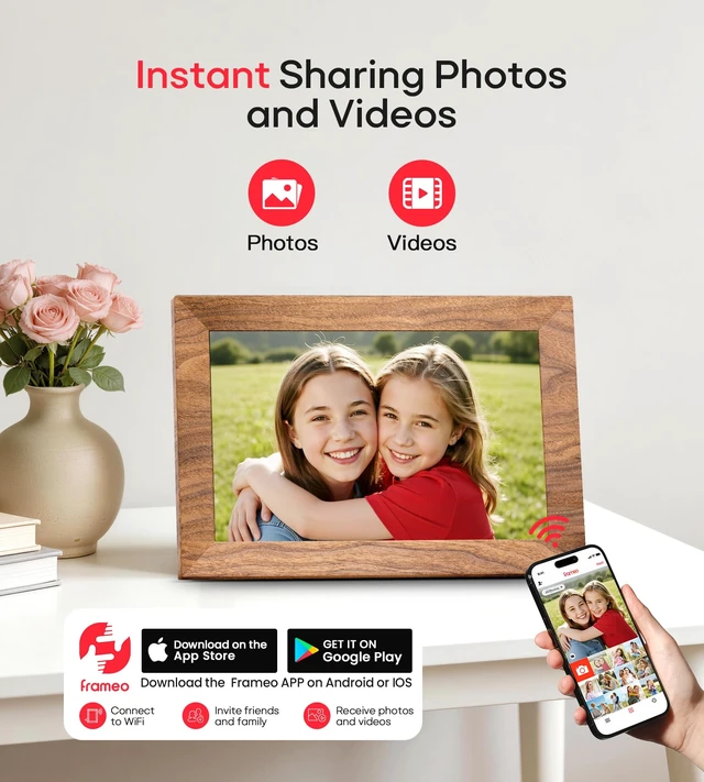 Alt view image 2 of 7 - Frameo 10.1" Digital Picture Frame with 32GB Memory WiFi Electronic Photo Frame Wood 1280 x 800 IPS Touch Screen Auto-Rotate Slideshow Wall Mountable Share Photos/Video Remotely Anywhere