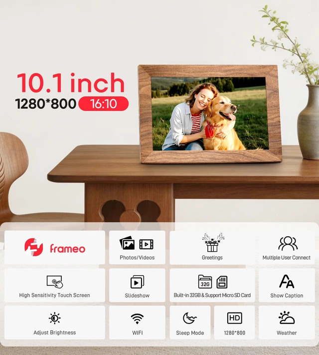Alt view image 6 of 7 - Frameo 10.1" Digital Picture Frame with 32GB Memory WiFi Electronic Photo Frame Wood 1280 x 800 IPS Touch Screen Auto-Rotate Slideshow Wall Mountable Share Photos/Video Remotely Anywhere