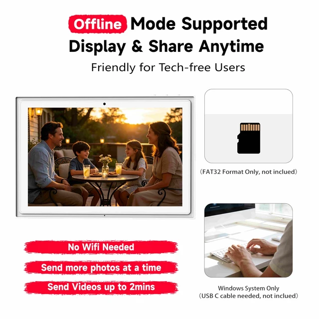 Alt view image 7 of 7 - 10.1Inch WiFi Digital Picture Frame, 32GB, Frameo App, Touchscreen | Multi-Format Photo & Video Playback, Offline Viewing, No Monthly Subscription, USB & microSD Transfer, Easy Family Sharing