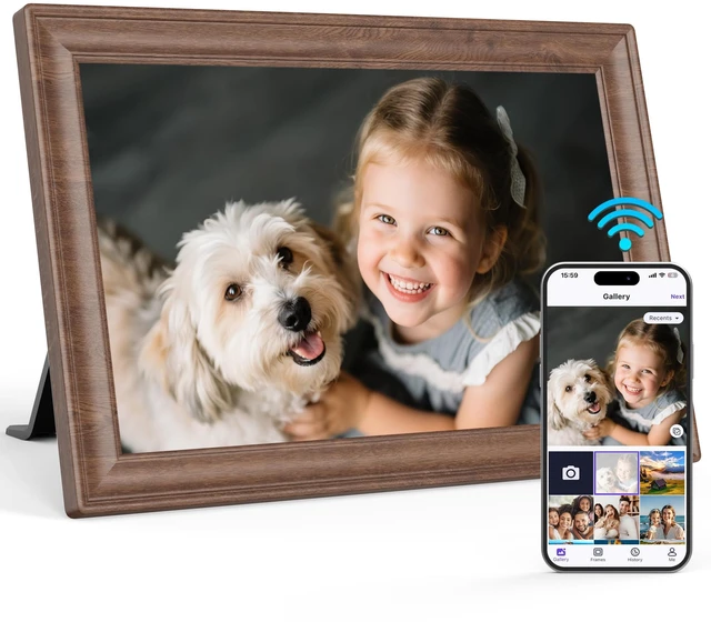Main image of Uhale 10.1" Digital Picture Frame 32GB Momery WiFi Electronic Photo Frame IPS Touch Screen HD Display Share Videos Photos Instantly Send Wishes Remotely Best Gifts for Mom Dad Grandparents Brown Wood