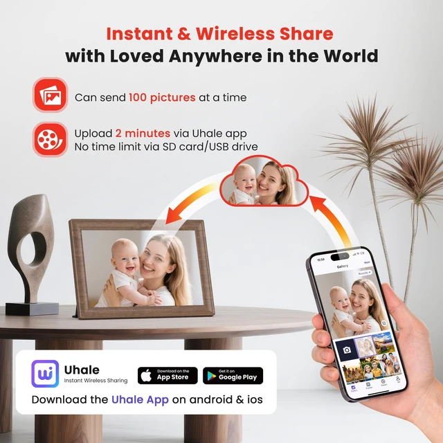 Alt view image 2 of 7 - Uhale 10.1" Digital Picture Frame 32GB Momery WiFi Electronic Photo Frame IPS Touch Screen HD Display Share Videos Photos Instantly Send Wishes Remotely Best Gifts for Mom Dad Grandparents Brown Wood