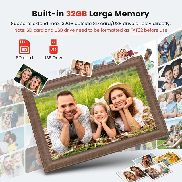 Alt view image 3 of 7 - Uhale 10.1" Digital Picture Frame 32GB Momery WiFi Electronic Photo Frame IPS Touch Screen HD Display Share Videos Photos Instantly Send Wishes Remotely Best Gifts for Mom Dad Grandparents Brown Wood