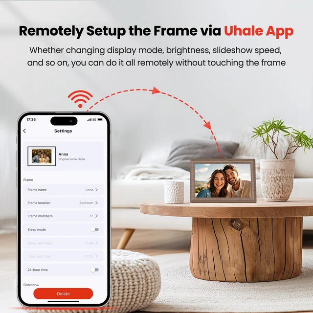 Alt view image 5 of 7 - Uhale 10.1" Digital Picture Frame 32GB Momery WiFi Electronic Photo Frame IPS Touch Screen HD Display Share Videos Photos Instantly Send Wishes Remotely Best Gifts for Mom Dad Grandparents Brown Wood