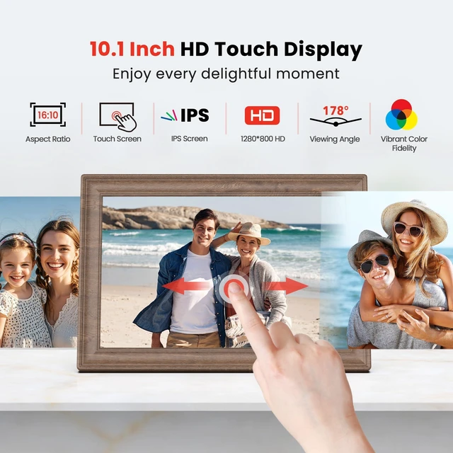Alt view image 4 of 7 - Uhale 10.1" Digital Picture Frame 32GB Momery WiFi Electronic Photo Frame IPS Touch Screen HD Display Share Videos Photos Instantly Send Wishes Remotely Best Gifts for Mom Dad Grandparents Brown Wood