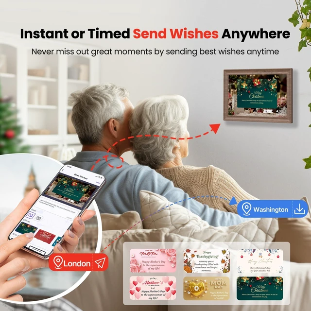 Alt view image 6 of 7 - Uhale 10.1" Digital Picture Frame 32GB Momery WiFi Electronic Photo Frame IPS Touch Screen HD Display Share Videos Photos Instantly Send Wishes Remotely Best Gifts for Mom Dad Grandparents Brown Wood