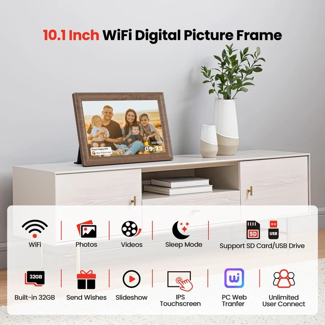 Alt view image 7 of 7 - Uhale 10.1" Digital Picture Frame 32GB Momery WiFi Electronic Photo Frame IPS Touch Screen HD Display Share Videos Photos Instantly Send Wishes Remotely Best Gifts for Mom Dad Grandparents Brown Wood