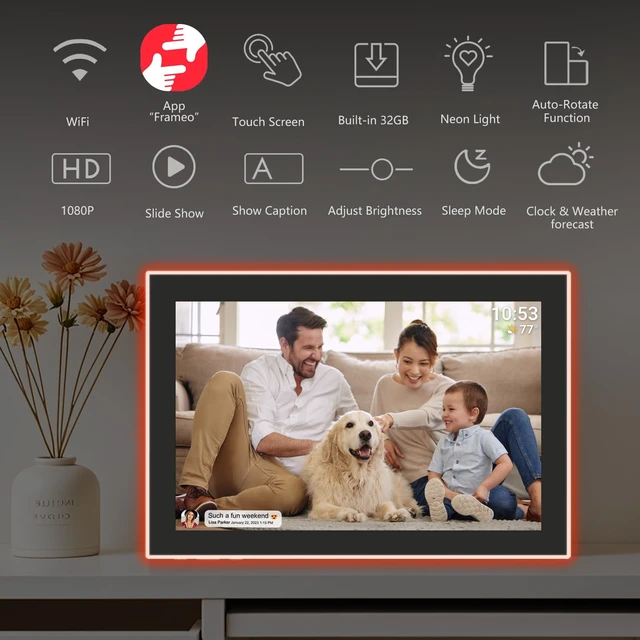 Alt view image 2 of 7 - 32GB FRAMEO 10.1 Inch WiFi Digital Photo Frame, 1280x800 HD IPS LCD Touch Screen, Auto-Rotate, 32GB Storage, Support USB Drive/SD Card Extend Storage, Share Moments via Frameo App