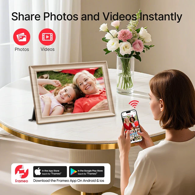 Alt view image 2 of 7 - Frameo 10.1 Inch WiFi Digital Picture Frame, 1280x800 HD IPS Touch Screen Photo Frame Electronic, 32GB Storage, Auto-Rotate, Wall Mounted, Share Photos/Videos Instantly from Anywhere - White