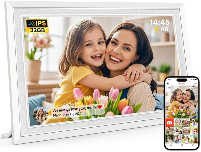Main image of Frameo 10.1" WiFi Digital Picture Frame, Electronic Photo Frames - White | 32GB Storage, 1280x800 HD IPS Touch Screen, Slideshow, Wall/Tabletop, Send Photos/Videos from Phone, Gifts for Grandparents