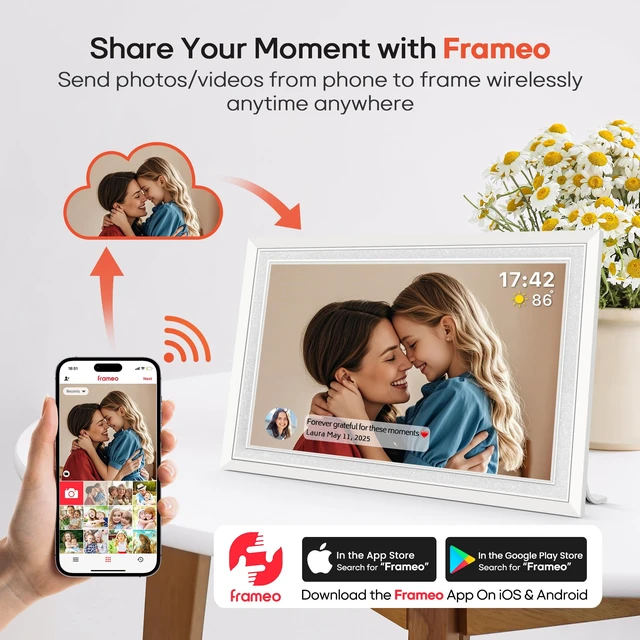 Alt view image 2 of 7 - Frameo 10.1" WiFi Digital Picture Frame, Electronic Photo Frames - White | 32GB Storage, 1280x800 HD IPS Touch Screen, Slideshow, Wall/Tabletop, Send Photos/Videos from Phone, Gifts for Grandparents
