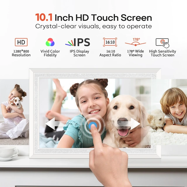 Alt view image 4 of 7 - Frameo 10.1" WiFi Digital Picture Frame, Electronic Photo Frames - White | 32GB Storage, 1280x800 HD IPS Touch Screen, Slideshow, Wall/Tabletop, Send Photos/Videos from Phone, Gifts for Grandparents