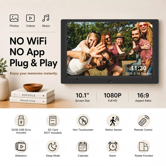 Alt view image 2 of 7 - 10.1-Inch 1080P IPS Digital Picture Frame, No WiFi or App Required | Plug-and-Play Setup, Photo, Video and Music Playback, 32GB USB Drive Included, SD Card Support, Motion Sensor, Remote Control