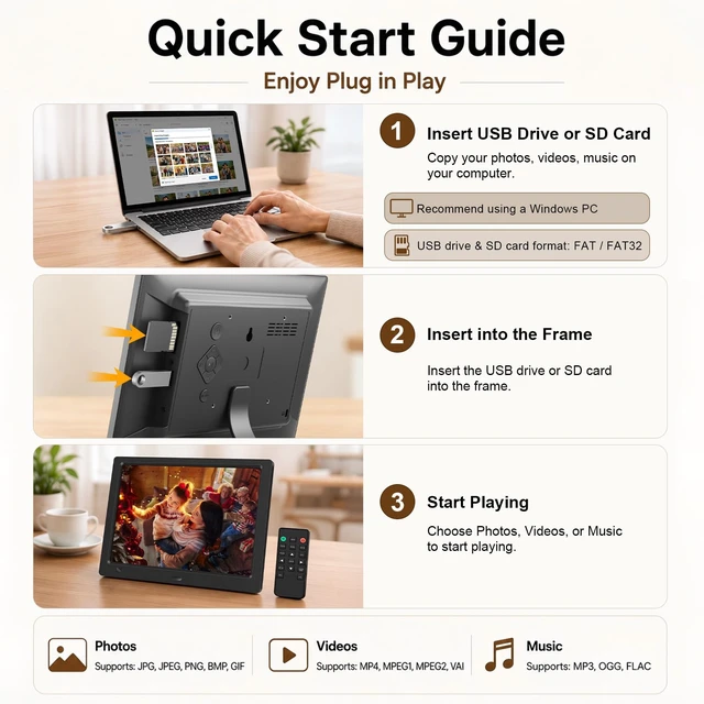 Alt view image 3 of 7 - 10.1-Inch 1080P IPS Digital Picture Frame, No WiFi or App Required | Plug-and-Play Setup, Photo, Video and Music Playback, 32GB USB Drive Included, SD Card Support, Motion Sensor, Remote Control