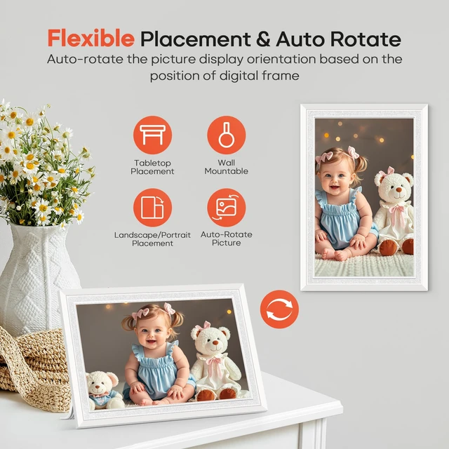 Alt view image 7 of 7 - Frameo 10.1" WiFi Digital Picture Frame, Electronic Photo Frames - White | 32GB Storage, 1280x800 HD IPS Touch Screen, Slideshow, Wall/Tabletop, Send Photos/Videos from Phone, Gifts for Grandparents