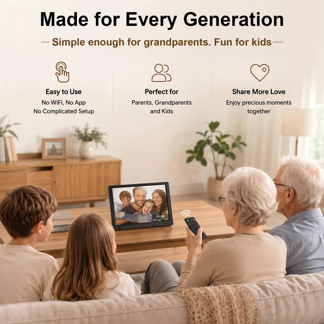 Alt view image 5 of 7 - 10.1-Inch 1080P IPS Digital Picture Frame, No WiFi or App Required | Plug-and-Play Setup, Photo, Video and Music Playback, 32GB USB Drive Included, SD Card Support, Motion Sensor, Remote Control