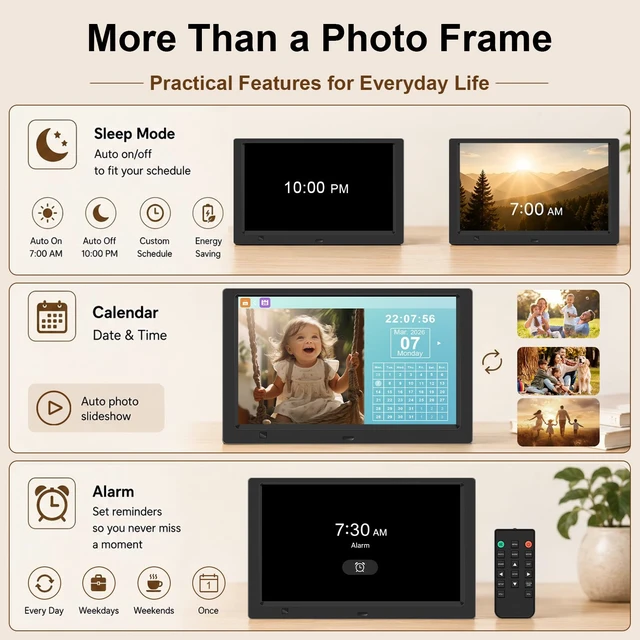 Alt view image 7 of 7 - 10.1-Inch 1080P IPS Digital Picture Frame, No WiFi or App Required | Plug-and-Play Setup, Photo, Video and Music Playback, 32GB USB Drive Included, SD Card Support, Motion Sensor, Remote Control