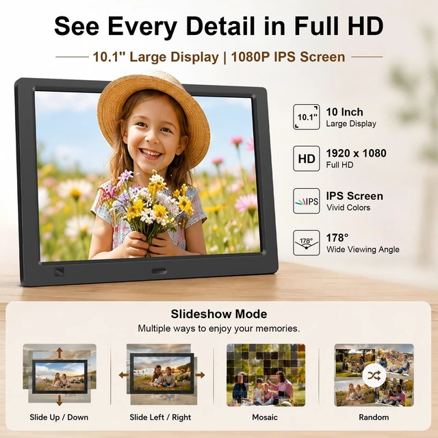 Alt view image 6 of 7 - 10.1-Inch 1080P IPS Digital Picture Frame, No WiFi or App Required | Plug-and-Play Setup, Photo, Video and Music Playback, 32GB USB Drive Included, SD Card Support, Motion Sensor, Remote Control