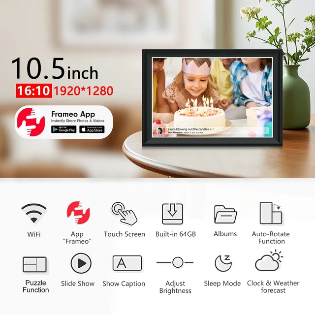 Alt view image 2 of 7 - 64GB FRAMEO 10.5 Inch Smart WiFi Digital Photo Frame 1920x1280 FHD IPS LCD Touch Screen, Auto-Rotate, 64GB Storage, Support SD Card & USB Drive, Share Moments Instantly via Frameo App from Anywhere