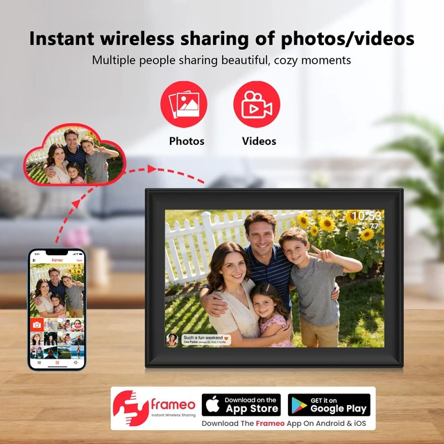 Alt view image 4 of 7 - FRAMEO 10.1 inch Digital Photo Frame WiFi HD IPS Touch Screen Digital Picture Frame Expandable Storage via USB or SD Card, Easy Setup Share Photo or Video via Frameo APP, gift for Dad