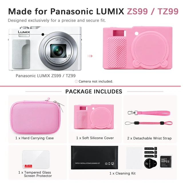 Alt view image 2 of 7 - 6-in-1 Camera Case Kit for Panasonic LUMIX ZS99/TZ99 Digital Camera, Pink | Hard Carrying Case + Soft Silicone Protective Case + Screen Protector + 2*Wrist Strap for ZS99 Camera for Travel Daily Use