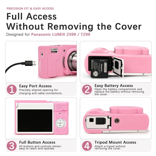 Alt view image 3 of 7 - 6-in-1 Camera Case Kit for Panasonic LUMIX ZS99/TZ99 Digital Camera, Pink | Hard Carrying Case + Soft Silicone Protective Case + Screen Protector + 2*Wrist Strap for ZS99 Camera for Travel Daily Use