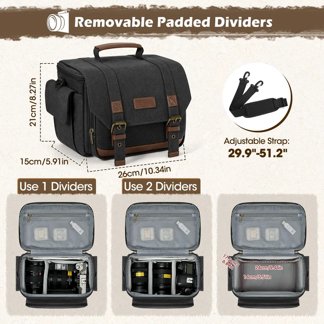 Alt view image 3 of 7 - Camera Sling Bag Canvas Crossbody Camera Case with Rain Cover | Water-Resistant Camera Shoulder Bag for DSLR Mirrorless Compact Camera Bags with Removable Dividers, Tripod Holder for Travel