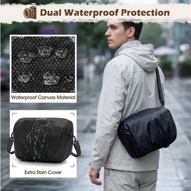 Alt view image 5 of 7 - Camera Sling Bag Canvas Crossbody Camera Case with Rain Cover | Water-Resistant Camera Shoulder Bag for DSLR Mirrorless Compact Camera Bags with Removable Dividers, Tripod Holder for Travel