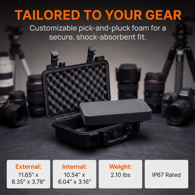 Alt view image 3 of 7 - Portable All Weather IP67 Waterproof Protective Hard Case, Small Camera Case,Dry Case with Customizable Foam,Exterior dimension 11.65 x8.35x3.78(Elegant Black)
