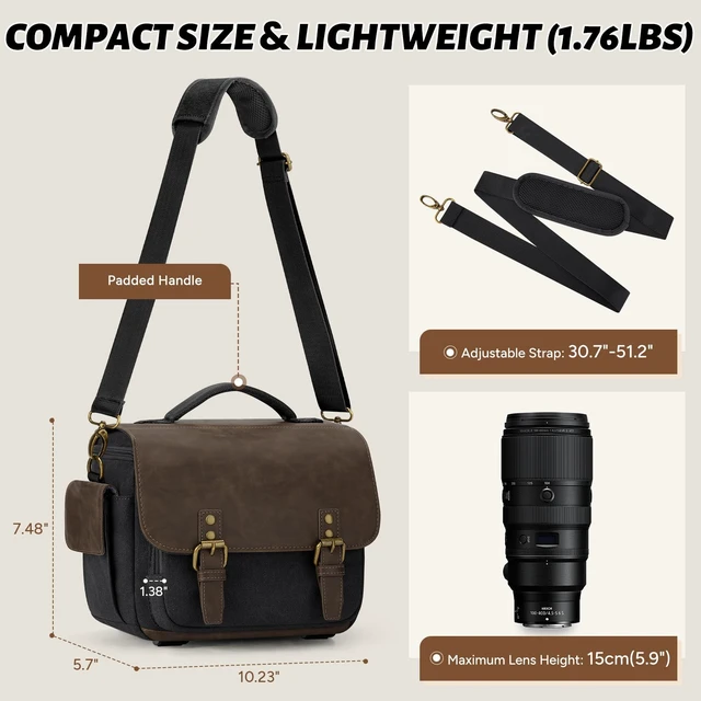 Alt view image 6 of 7 - Camera Bag, Vintage Canvas Camera Sling Bag Crossbody Camera Case | Water-resistant DSLR SLR Mirrorless Camera Bag for Photographer with Rain Cover & Tripod Holder for Sony Canon Nikon Fujifilm