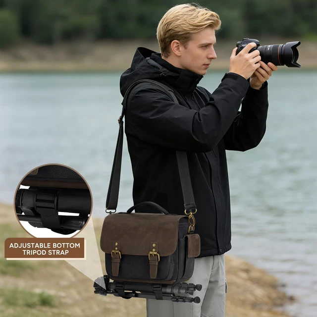 Alt view image 7 of 7 - Camera Bag, Vintage Canvas Camera Sling Bag Crossbody Camera Case | Water-resistant DSLR SLR Mirrorless Camera Bag for Photographer with Rain Cover & Tripod Holder for Sony Canon Nikon Fujifilm