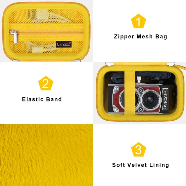 Alt view image 6 of 7 - Carrying Case for CHUZHAO Vintage Mini Digital Camera, Yellow | Portable TLR Style Retro Camera Bag, Mesh Pocket fits USB Cable, SD Card, Case Only