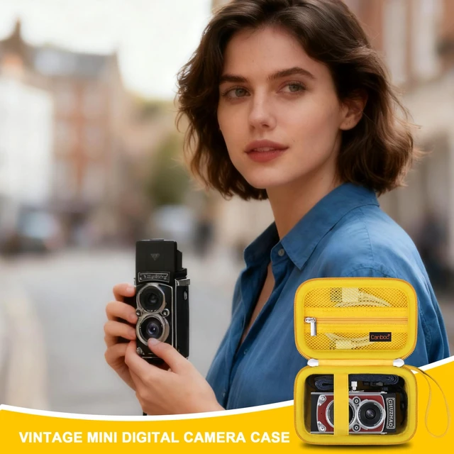 Alt view image 7 of 7 - Carrying Case for CHUZHAO Vintage Mini Digital Camera, Yellow | Portable TLR Style Retro Camera Bag, Mesh Pocket fits USB Cable, SD Card, Case Only