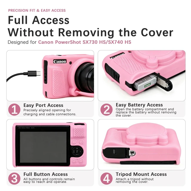 Alt view image 3 of 7 - 6-in-1 Camera Case Kit for Canon PowerShot SX740 HS Digital Camera, Pink | Hard Carrying Case + Soft Silicone Protective Case + Screen Protector + 2*Wrist Strap for Canon SX740 HS Digital Camera