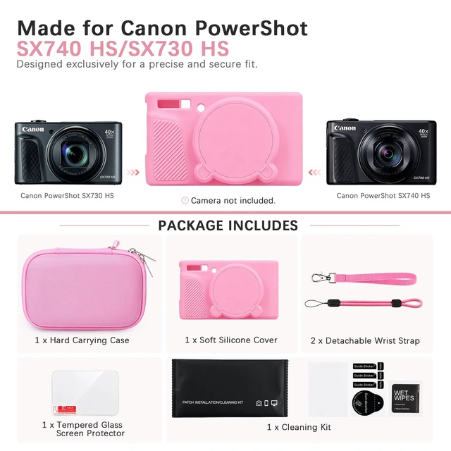 Alt view image 2 of 7 - 6-in-1 Camera Case Kit for Canon PowerShot SX740 HS Digital Camera, Pink | Hard Carrying Case + Soft Silicone Protective Case + Screen Protector + 2*Wrist Strap for Canon SX740 HS Digital Camera