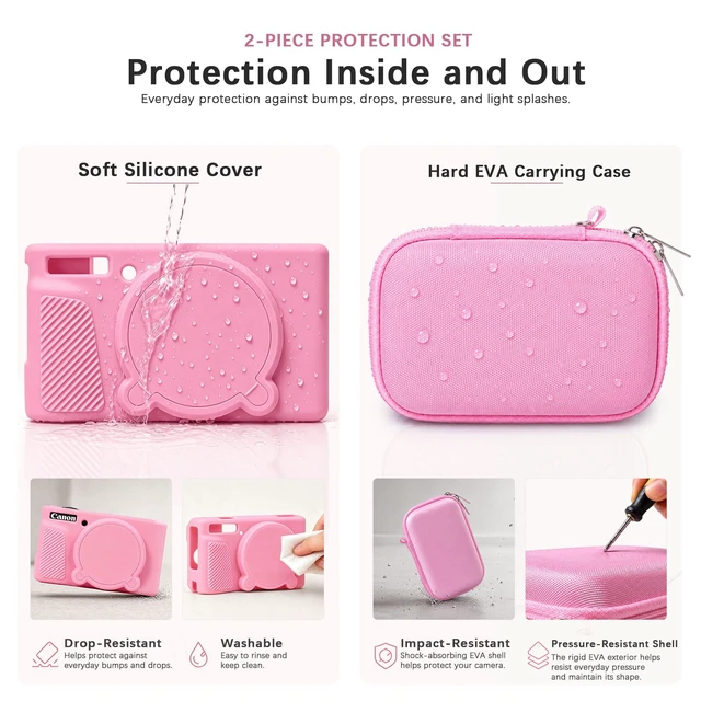 Alt view image 5 of 7 - 6-in-1 Camera Case Kit for Canon PowerShot SX740 HS Digital Camera, Pink | Hard Carrying Case + Soft Silicone Protective Case + Screen Protector + 2*Wrist Strap for Canon SX740 HS Digital Camera