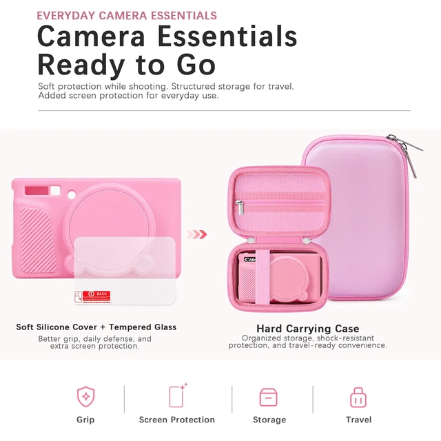 Alt view image 6 of 7 - 6-in-1 Camera Case Kit for Canon PowerShot SX740 HS Digital Camera, Pink | Hard Carrying Case + Soft Silicone Protective Case + Screen Protector + 2*Wrist Strap for Canon SX740 HS Digital Camera