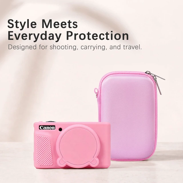 Alt view image 7 of 7 - 6-in-1 Camera Case Kit for Canon PowerShot SX740 HS Digital Camera, Pink | Hard Carrying Case + Soft Silicone Protective Case + Screen Protector + 2*Wrist Strap for Canon SX740 HS Digital Camera