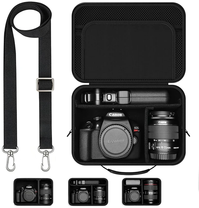 Main image of Hard Shell Camera Case Compatible with Canon EOS Rebel T7/R50/R100 and More DSLR & Mirrorless Cameras Portable Travel Bag with Adjustable Dividers, Mesh Pocket & Shoulder Strap (Black)