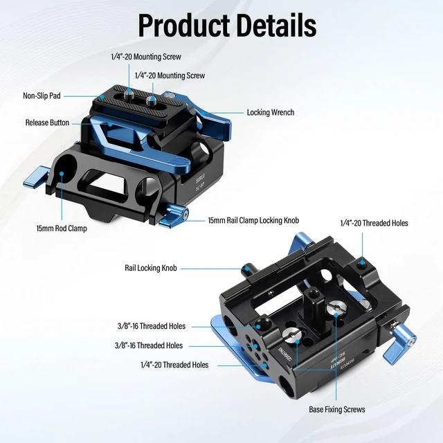 Alt view image 2 of 7 - Camera Baseplate with Dual 15mm Rod Rail Clamps, Base Plate with Quick Release Plate for Tripod, Shoulder Rig, Follow Focus, SC-BP