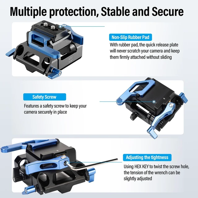 Alt view image 4 of 7 - Camera Baseplate with Dual 15mm Rod Rail Clamps, Base Plate with Quick Release Plate for Tripod, Shoulder Rig, Follow Focus, SC-BP