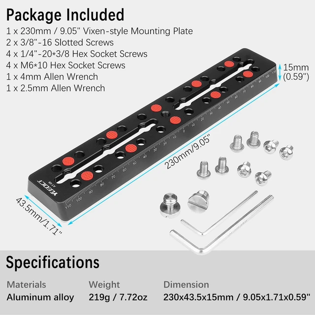 Alt view image 7 of 7 - 230mm/9.05" Telescope Rail Bar Vixen Style Dovetail Mounting Plate | with M6 1/4" 3/8" Camera Screw for Telescope Saddle Mount Base OTA Equatorial Head Tripod Adapter Sky Astrophotography